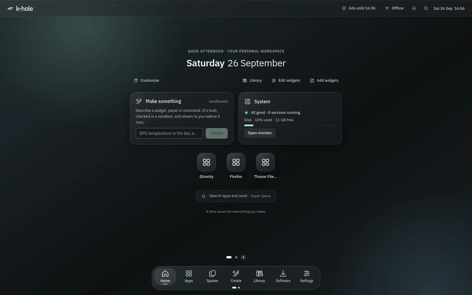 The k-hole desktop: the date, a Make something card, system status, pinned apps, a search pill and the dock, under a frosted top bar.
