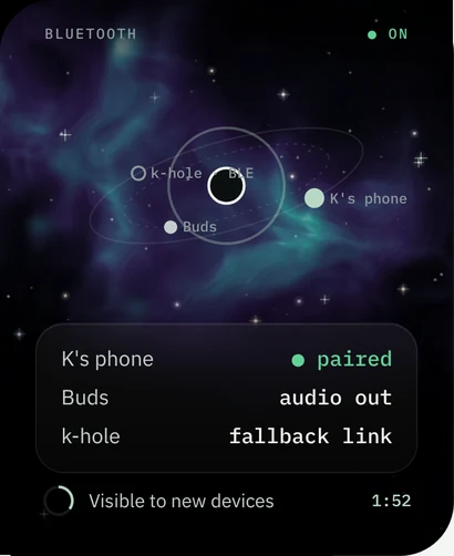 Bluetooth: Paired devices orbit the board on the mark's rings.