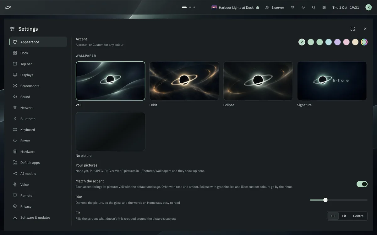 Settings, Appearance: accents and the wallpapers