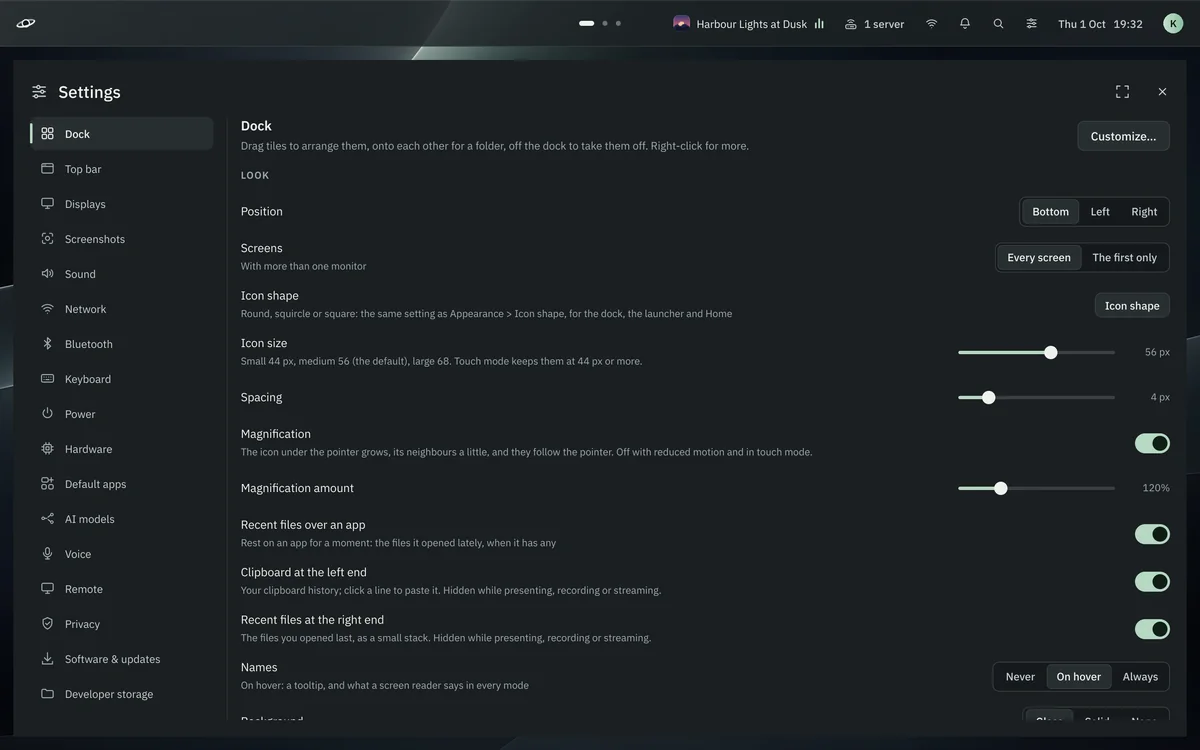 Settings, Dock