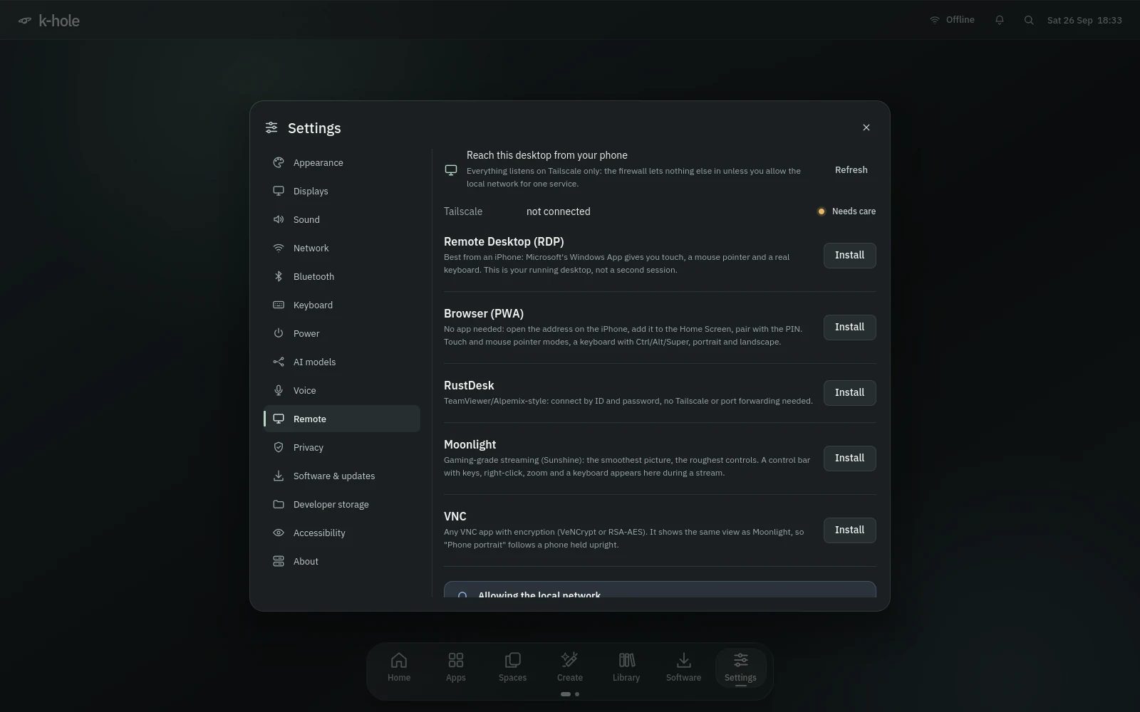 Settings, Remote: Tailscale status and install buttons for Remote Desktop (RDP), Browser (PWA), RustDesk, Moonlight and VNC.