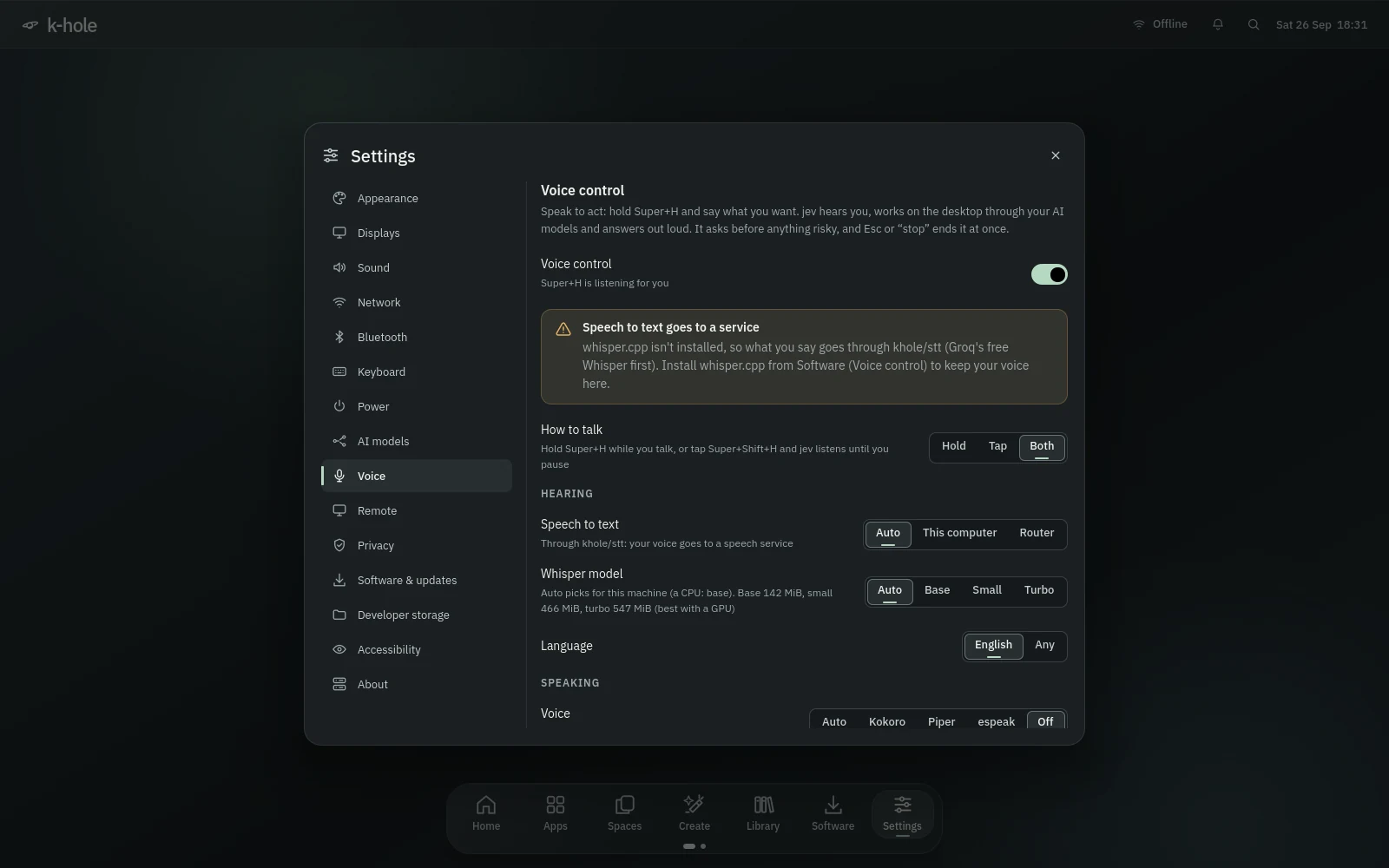 Settings, Voice: voice control on, a warning that speech goes to a service while whisper.cpp isn't installed, how to talk, speech to text and whisper model choices.